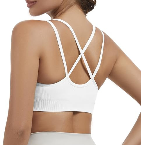 Nabawa Strappy Sports Bras for Women Crisscross Back Medium Support Yoga Bra Unpadded Gym Workout Fitness Crop Top,White S