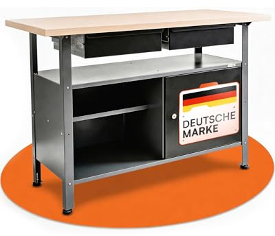 Ondis24 Werkbank Fritz - Höhenverstellbare Werkbank Mit Schubladen, Metall Anthrazit, 120x60x85(H) cm, 25mm Dicke Melamin-Arbeitsplatte, Abschließbare Tür, Belastbar Bis 250kg (Melamin, 120cm)