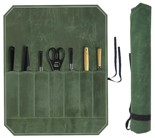 Lytari Chefs Knife Roll Bag 12OZ Waxed Canvas for Chefs Storage Tote Knife Case Storage 7 Slots Knife Wallet Cutlery Tool Roll Case with Wrap for Camping Hiking Gifts for Men Dad Father