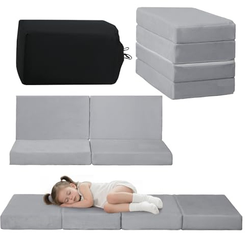 MeMoreCool Kids Folding Mattress, Trifold Mat Foldable Floor Mattress with Washable Cover and Carry Bag, Portable Foam Floor Mat for Kids, Daycare, Sleepover, Camping and Travel, Light Grey