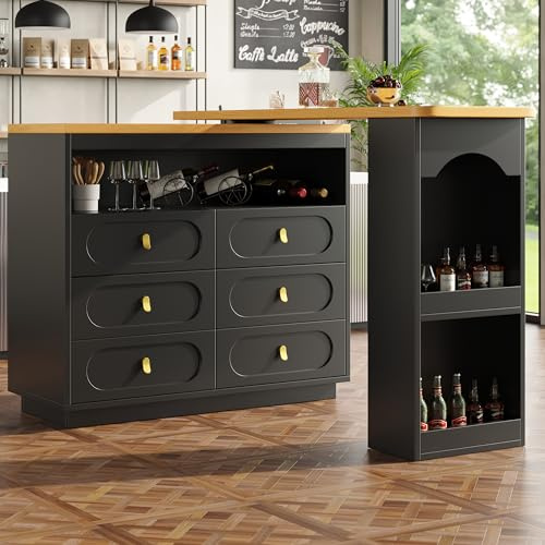TOBIDOEN Table de bar moderne extensible 138-203 cm, rotation à 360° + longueur réglable, 6 tiroirs + étagère, table à manger/bureau fonctionnelle, MDF, poignée en métal, noire