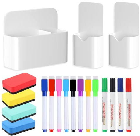 19 Stück Whiteboard Zubehör, Magnetischer Stiftehalter Set mit 12 Whiteboard Markern Magnetisch, 4 Schwamm Whiteboard, für Zuhause, Büro, Schule