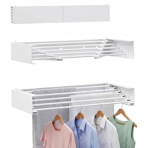 CEHIFIA Wall Mounted Clothes Drying Rack - Heavy Duty 5-Rod Retractable Clothing Drying Rack, 60LBS Capacity Tiered Laundry Hanger, Large Foldable Dryer Racks for Indoor