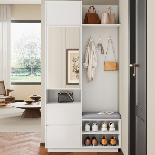 Moimhear Kompaktgarderobe mit Spiegel und Sitzbank, 90x34.5x190cm, Flurgarderobe mit Schuhschrank und Haken, Kleiderhaken, Flurgarderobe (Weiß)