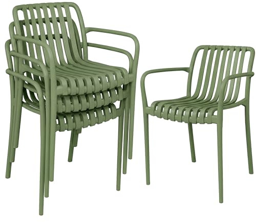 Outsunny Set 4 Sedie da Giardino Impilabili in PP Anti UV, Sedie per Pranzo da Esterno con Schienale Ergonomico a Doghe e Braccioli, per Patio Balcone Terrazza Esterno Interno, 55x58.5x81.5 cm, Verde