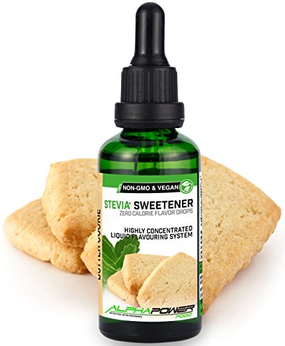 ALPHA POWER FOOD®: Stevia líquida natural - Stevia Gotas de galleta de mantequilla, Edulcorante natural, sustituto del azúcar con sabor - sin azúcar & calorías