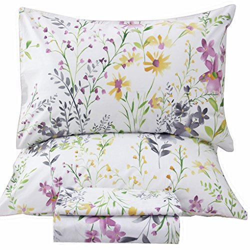 QSH Floral Queen Size Sheet Sets - Yellow Wild Flower Botanical Pattern Egyptian Cotton Printed Bedding Sheets Set Queen Size Bed Extra Breathable 4pcs Queen Sheet Set Deep Pocket 17.5