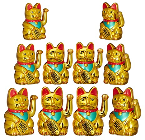 Relaxdays 10 x Maneki Neko Winkekatze, Glücksbringer, 16 cm, Gold