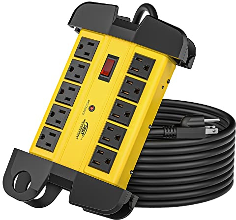 CRST 10-Outlets Heavy Duty Power Strip Metal Surge Protector with 15 Amps, 15-Foot Power Cord 2800 Joules for Garden, Kitchen, Office, School, ETL Listed(3165047) (10-Outlet, Yellow)