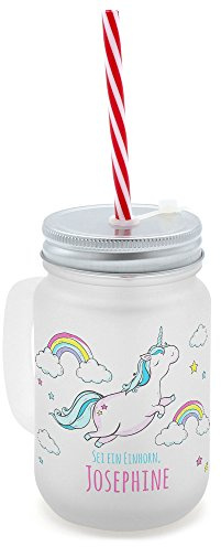 printplanet® - Trinkglas mit Henkel und Strohhalm - Bedruckt mit Namen Josephine Layout Fliegendes Einhorn - Henkel-Glas satiniert mit Deckel und Mehrweg-Trinkhalm