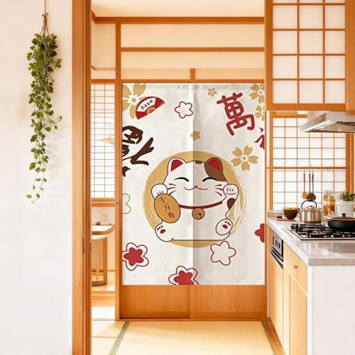 MYRU Cortina Japonesa Noren de Lucky Cat Noren para Entrada de Cortina Japonesa (33 x 59 Pulgadas)