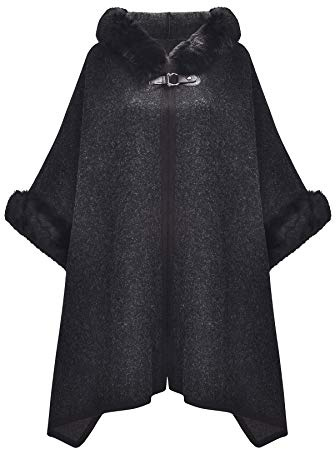 ZLYC Women Winter Hooded Poncho Cape Faux Fur Warm Cardigan Sweater Cloak