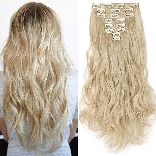 SEGO Clip in Extensions Haarverlängerung Haarteil 8 Tressen wie Echthaar gewellt Gebleichtes Blond 24(61cm)