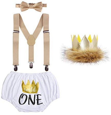 Infant Newborn Baby Boys Photography Cake Smash Outits Mickey Wild One Crown 1st 2nd Birthday Dress Up Party Costume 4PCS Diaper Cover Bowtie Suspenders Headbands Lion Crown-Wild One 12-18 Months