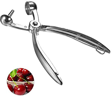 BASOYO Cherry Pitter or Stoner Stainless Steel Olive Cherry Pits Remover, Cherry Core or Seed Remover with Good Grips Handle & Food Grade Silicone Cup Chopping Tool to Remove Cherries Stone