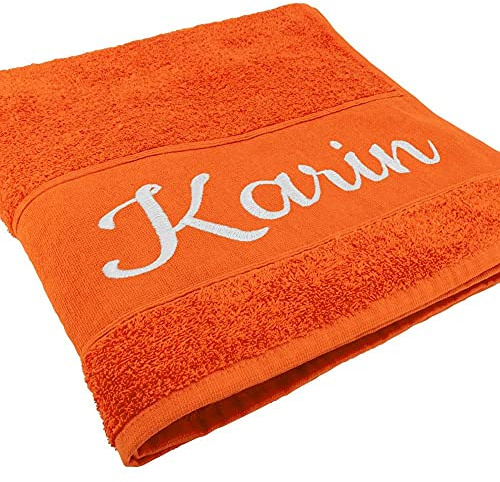 Deitert Handtuch mit Namen oder Wunschtext Bestickt, personalisiertes Duschtuch, individuelles Badetuch, 100% Baumwolle, 100 x 50 cm orange
