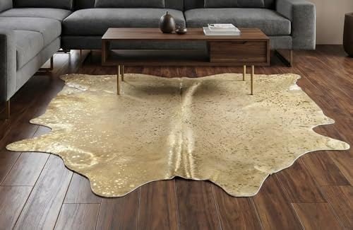 generisch Kuhfell Rinderfell Devore Gold 210 x 190 cm – Echtes Kuhfell mit Gold-Effekt, Exklusiver Kuhfellteppich aus Brasilien
