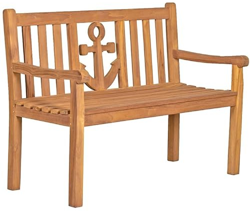 MR. DEKO Sitzbank aus Teakholz | Gartenbank wetterfest mit Motiv 2 Sitzer | Holzbank Outdoor für 2 Personen | Gartenmöbel Balkonmöbel | Rückenlehne Martimer Anker | 120x60x94cm | Garden Bench Wood