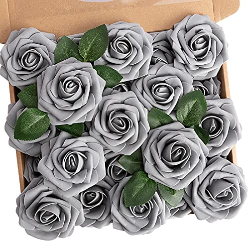 N&T NIETING Künstliche Blumen Rosen, 25 Stück Kunstblumen Foamrosen Schaumrosen Gefälschte Rose mit Stielen DIY Hochzeit Blumensträuße Braut Zuhause Dekoration, Grau