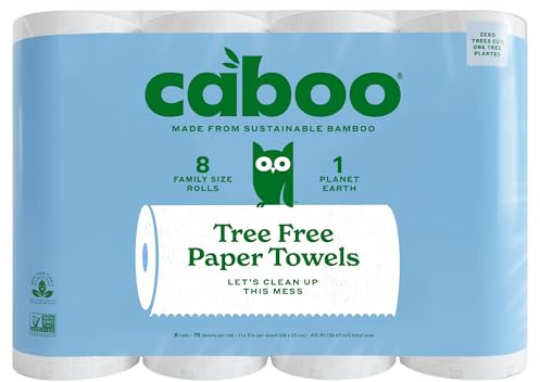 Caboo Tree Free Paper Towels, 8 Rolls, Earth Friendly Sustainable Kitchen Paper Towels with Strong 2 Ply