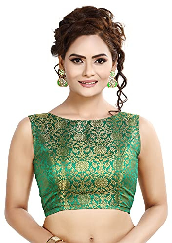 Madhu Fashion Women's Traditional Rich Banaras Brocade Sleeveless Readymade Saree Blouse 34 Bottle Green