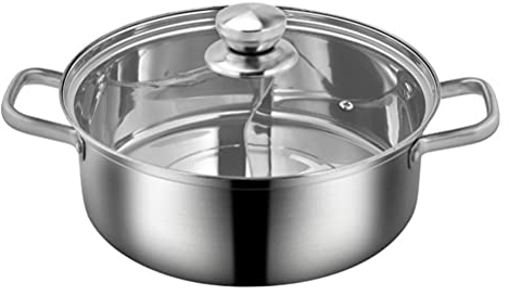 Stainless Steel Hot Pot with Divider Metal Induction Cooker Pot Shabu Shabu Pot Non- Stick Cooking Pot Kitchenware for Induction Cooktop Gas Stove 26cm Silver