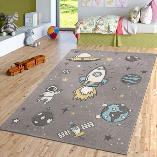 TT Home Kinderzimmer Kurzflor Teppich Weltall Raketen Motiv Konturenschnitt Grau Modern, Größe:160 cm Rund