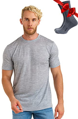 Merino Shirt Herren Kurzarm + Wanderwollsocken (Large, Melange Grey)