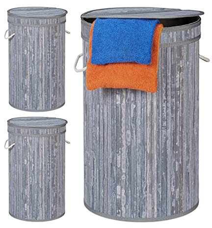 Relaxdays Cesto Ropa Sucia con Tapa, Cubo Colada Plegable, Redondo, Bambú, 65 litros, Ø 40 cm, Gris