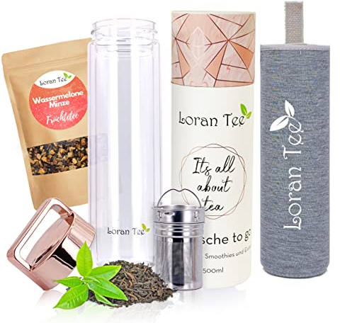 Loran - Teeflasche Teamaker mit Sieb to go 500 ml | Doppelwandig | Isoliert | Glasflasche mit Edelstahl Sieb | Trinkflasche mit Filter | BPA-frei Thermoflasche + Gratis Geschenk Wassermelone Minze