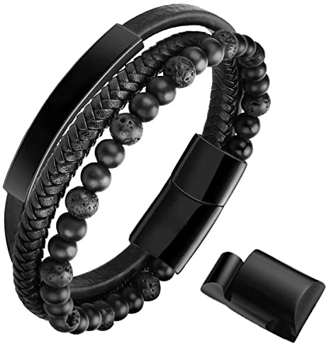 Lwkeay Armband Herren Perlen Lederarmband Herren Schwarz - Naturstein Lava Geflochten Männer Armband - Bracelet Men mit Magnetverschluss - Leder Wickelarmband Geschenk für Männer