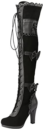 Botas altas hasta el muslo sobre la rodilla para mujer, tacón alto, estilo steampunk, gótico, victoriano, con cordones, Black, 39.5 EU