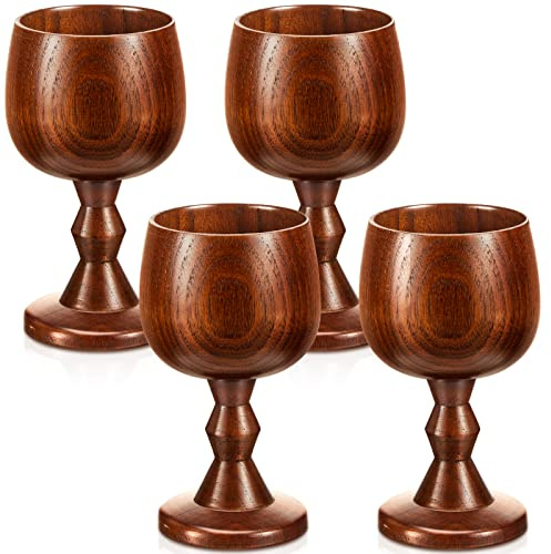 Tessco 4 Pieces Vintage Jujube Wooden Wine Goblet Medieval Drinking Cup Wooden Cup Chalice Wood Water Glass for Kitchen Accessories Communion Altar Celebrating, 5.3 oz