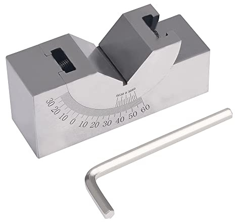 Winkel-V-Block, verstellbarer Mikro-Winkelmesser mit Schraubenschlüssel, Edelstahl-Winkel-V-Block 0–60 ° zum Fräsen von Drehmaschinen (75 x 36 x 25 mm)