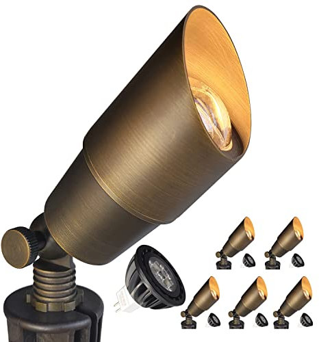 COLOER Brass Landscape Spotlights, 6 Pack Spot Lights Outdoor with 5W Aluminum Housing MR16 LED Bulb 2700K 450LM, 12V AC/DC Low Voltage Outdoor Lighting for Yard, Uplight for Garden and Patio(101B)