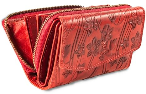 MATADOR Leder Geldbörse Damen Mittelgroß #Sevilla mit Geschenk Box, Luxus RFID Geldbeutel Damen, Geldtasche Frauen Viele Fächer, Leder Brieftasche, Edles Portemonnaie Frauen Blumen Rot