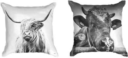 Ulticool - Kissenhülle - Schottischer Hochländer Kuh - Set von 2 Motiven – 45 cm x 45 cm - Dekokissen ohne Füllung - Kissenbezug Zubehör für Sofa/Bett - Schwarz Weiß
