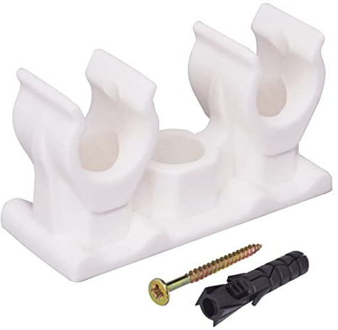 SKIR'CO (20 Stück) Doppelrohrschellen, Kunststoffschellen für 10mm Rohre, U-Typ Rohrklemme, Rohrschellen Weiße Clips, Schlauchaufhänger