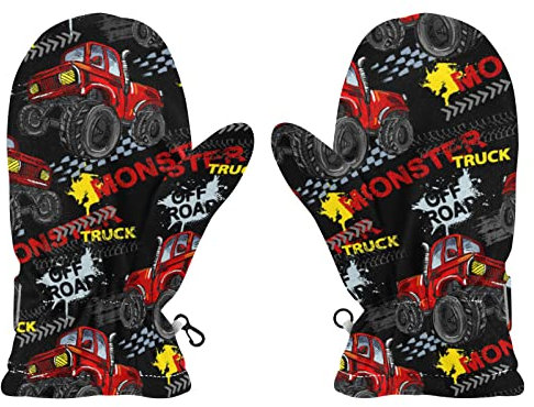 Poeticcity Red Truck Car, Trace of Tire, Drive and Speed on Black Boys Girls Elastic Ski Snow Winter Gloves, Cold Weather Warm Mittens Adjustable Full Finger Fleece Insulated Gloves S(7 in)