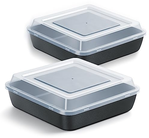 9x9 Inch Square Baking Pan with Lid Set, E-far Nonstick Square Cake Pans Metal Bakeware for Oven Cooking Lasagna Brownies, Stainless Steel Core & Easy Release, 4 Pieces(2 Pans+2 Covers)