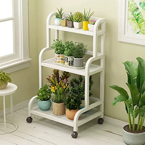 HczioN Étagère à fleurs en métal à 3 niveaux, porte-pots de fleurs en échelle avec roues et freins, présentoir de rangement pour jardinière d'angle pour balcon de jardin intérieur et extérieur, bla