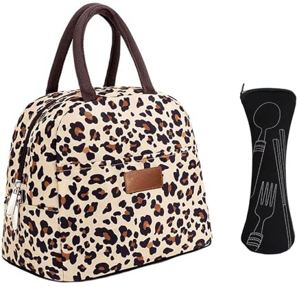 MEMOFYND 1-Teilige Lunchtasche Mit Leopardenmuster Und 1 Bestecktasche, Lunch-Kühltasche Aus Oxford-Stoff, Praktische Tragetasche, Auslaufsichere Lunchtasche, Geeignet Für Arbeit, Schule, Picknick
