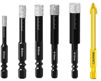 Dry or Wet Diamond Drill Bits Set 6 PCs - 1/4 3/16 5/16 3/8 1/2, and 1/4 Carbide Drill bit Diamond Hole Saw Kit with Hex Shank for Granite, Ceramic Tile Stone, Marble Porcelain, Glass