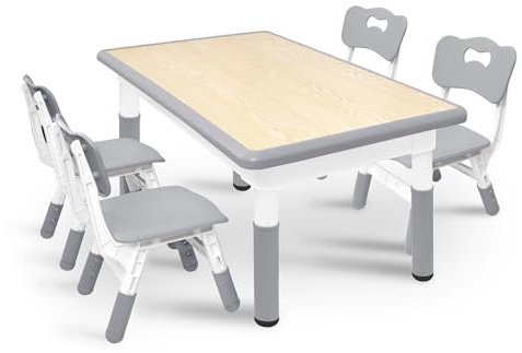 Froadp Kindertisch mit 4 Stühlen Kunststoff Kindersitzgruppe Höhenverstellbar Kinder Tisch Stuhl Set Kindermöbel Multifunktionale Sitzgruppe für Jungen und Mädchen im Alter von 2-10 Jahren, Grau