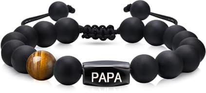VNOX Vatertagsgeschenk für Papa Geschenk Herrenarmband - Naturstein Perlen Heilsteine Tigerauge Armband, Geburtstagsgeschenk für Papa Vatertag Daddy Armkette Schwarz Charm Armbänder