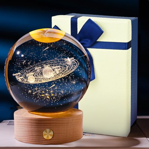 CECOMBINE Sfera di Cristallo 3D con Sistema Solare, Lampada da Notte con Base in Legno, Luce Notturna per Natale, Giorno del Ringraziamento, San Valentino, Compleanno, Decorazione per la Casa