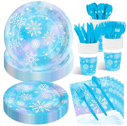 175 Pcs Snowflake Winter Wonderland Tableware Set - Serves 25, Snowflake-Themed Disposable Plates, Cups, Napkins, Forks, Spoons, Knives for Christmas, Winter Party Supplies, Holiday Gatherings
