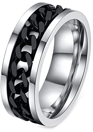 Grewod Angst Ring, 8MM Edelstahl Herren Ring Silber Schwarz Spinner Ring Anti Stress Ring Größe 62 (19.7)