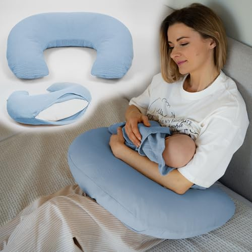 PaLulli® Musselin Stillkissen Stillkissenbezug aus 100% Musselin Baumwolle - Stillkissen für Baby, Stillhörnchen Baby, Stillkissen Atmungsaktiv & Waschbar, Stillkissen (Blau)