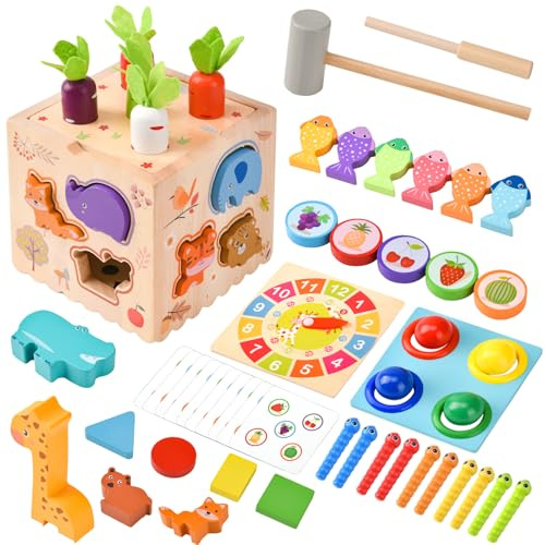YAOZUP 8 en 1 Juguetes Montessori 1 2 3 4 años, Cubo de Actividades de Madera para Bebés, Cubo Actividades Educativo Juguetes Montessori con la Cosecha de Zanahoria, Juego de Pesca Magnética, etc